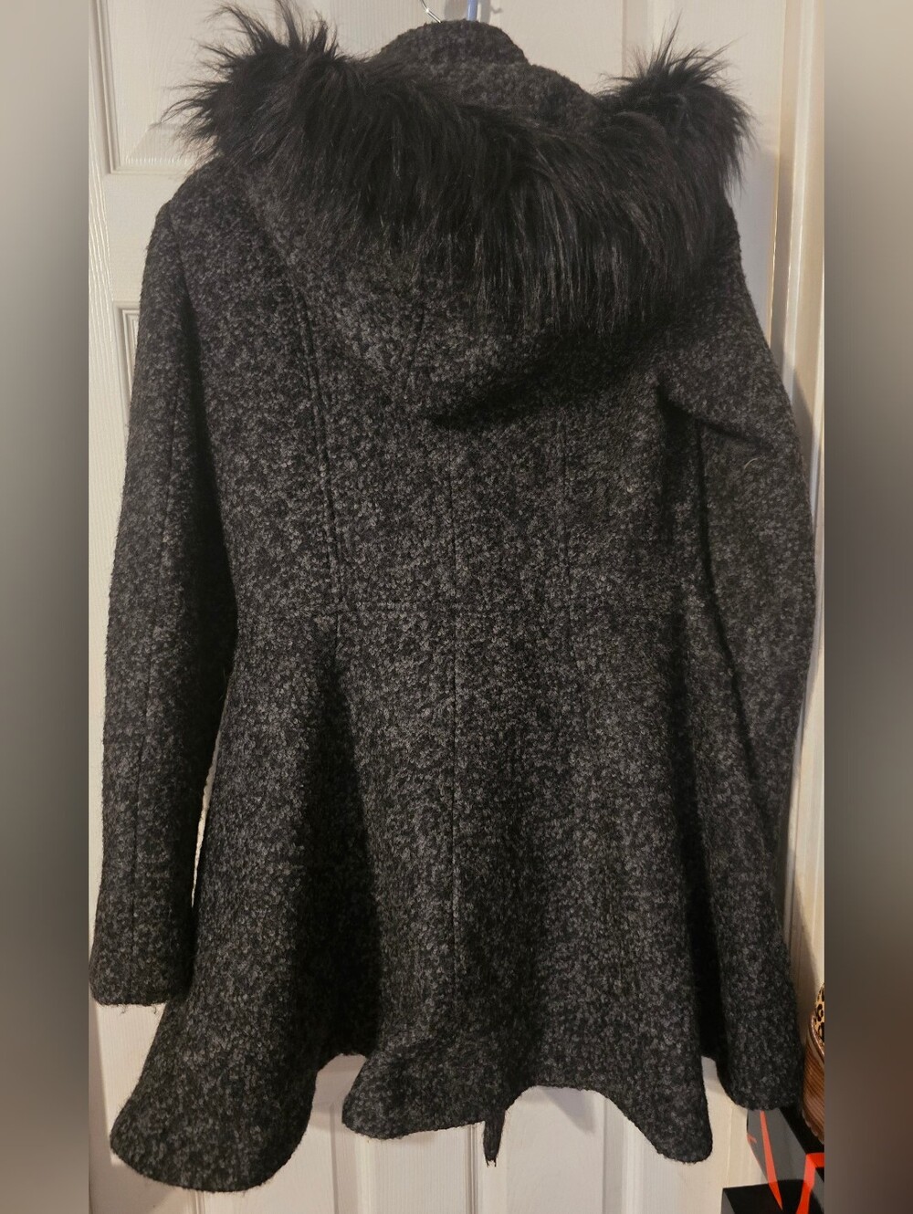 Liz Claiborne Wool Blend Fit & Flare Coat Faux Fur Hood Double Breasted M